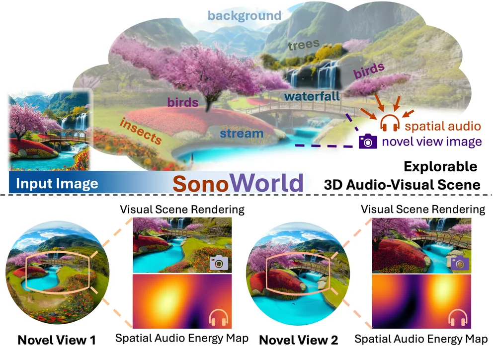 A single image becomes a 3D scene with spatially grounded sounds and novel viewpoints.